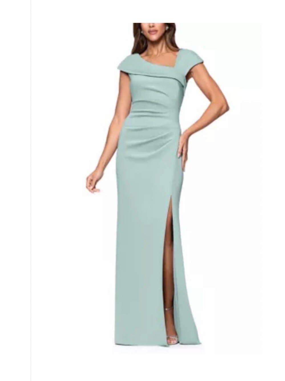 Xscape Mint Green Off-Shoulder Evening Gown with Side Slit